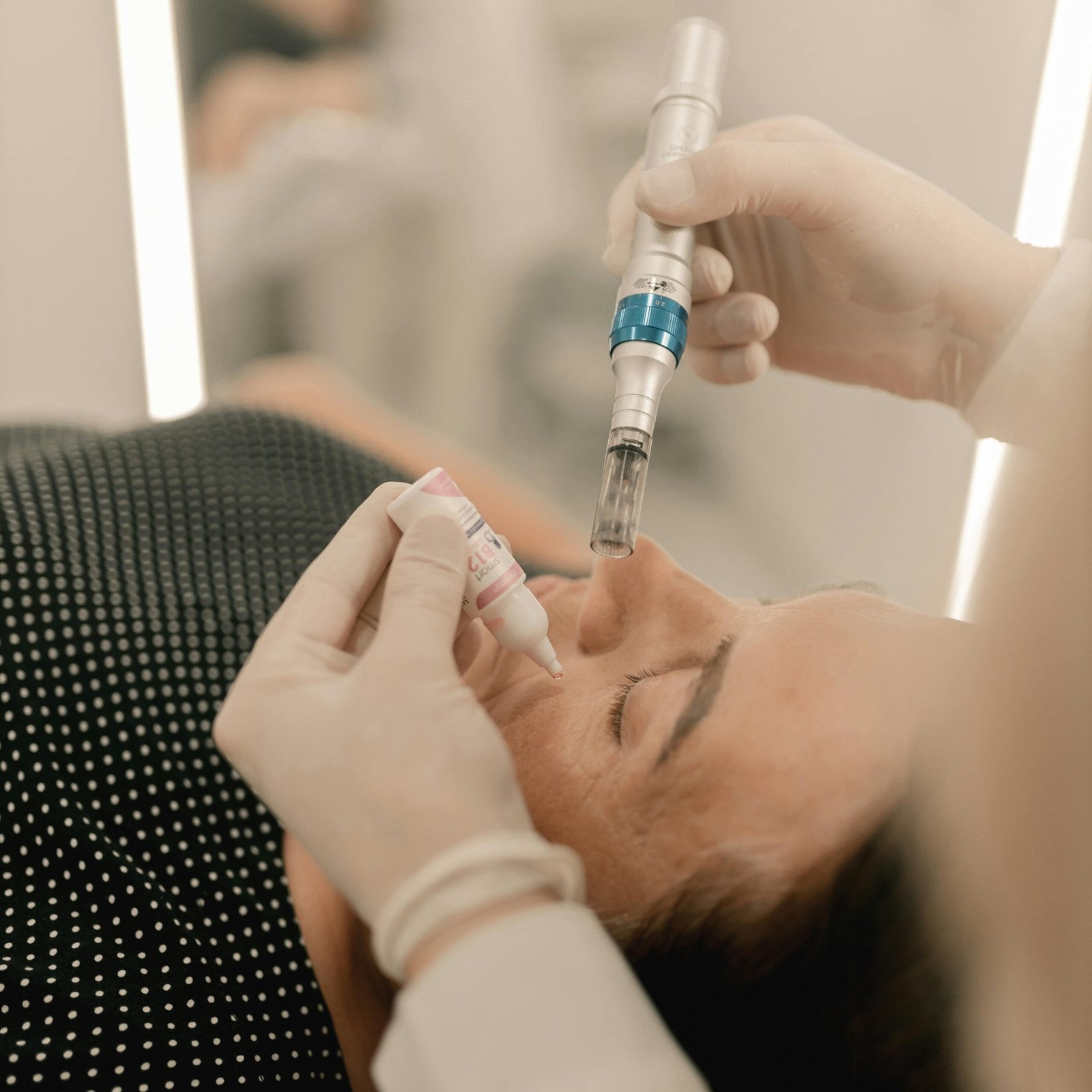 Close-up of person receiving microneedling beauty treatment in a clinic.